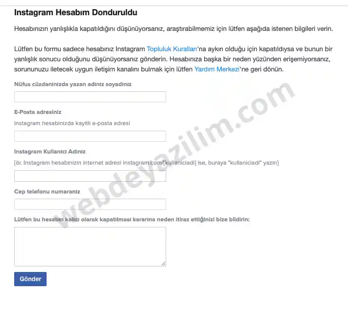 Instagram dondurulan hesabı geri açma