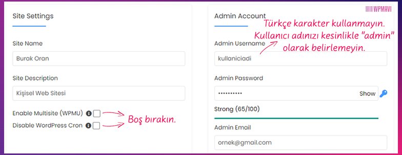 Emlak Sitesi Kurmak İstiyorum - WordPress Kurulum Formu - Site Settings ve Admin Account