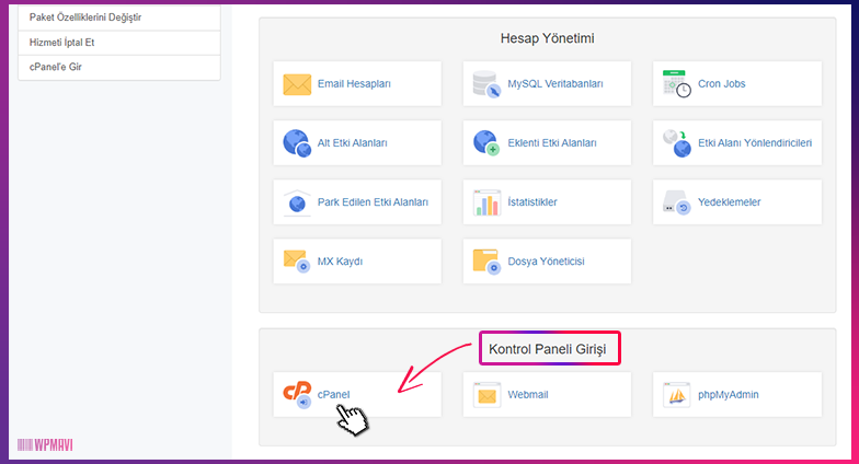 Site Kurmak - cPanel'e Ulaşma 3. Adım