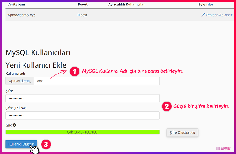 wordpress host taşıma - MySQL Kullanıcı Oluşturma