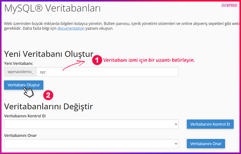 wp site taşıma - Veritabanı İsmi Belirleme